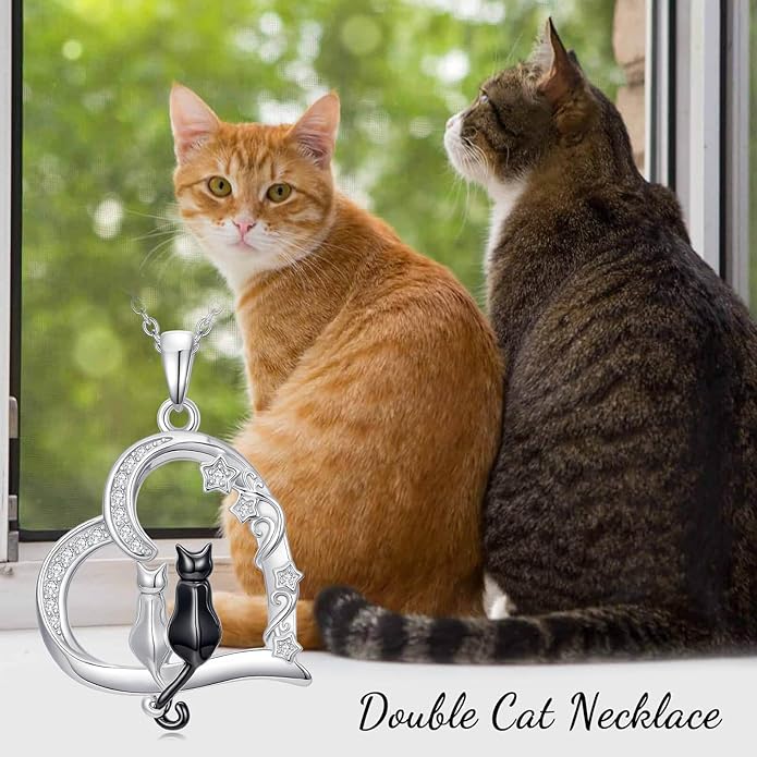 Cat Gifts for Women 925 Sterling Silver Heart Moon Cat Necklace Pendant Women Jewelry Halloween Christmas Gifts