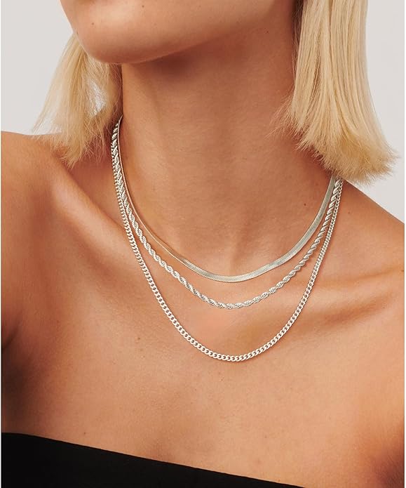 Layered Gold Necklace for Women Dainty 14K Gold/Silver Plated Stacked Necklace for Women Trendy Cuban Paperclip Herringbone Chain Diamond Pendant Necklaces Jewelry Set Accessories Gift