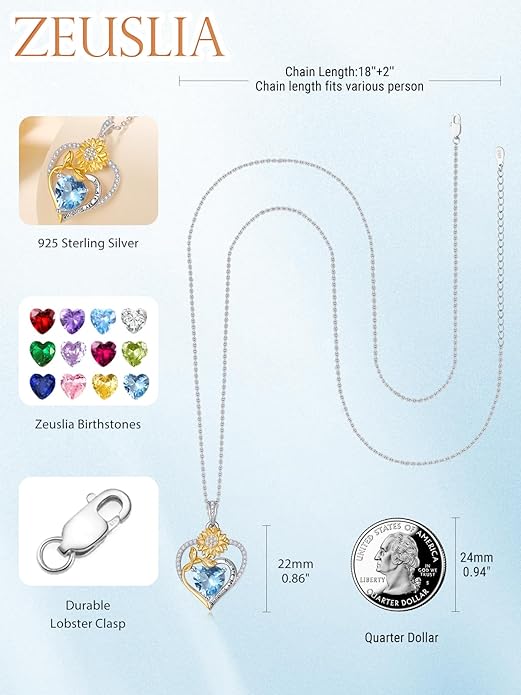 Zeuslia Double Birthstone Necklace Gifts for Wife - 925 Sterling Silver Sunflower/Rose/Crown Cross/Compass/Heart Pendant I Love You Necklace, Anniversary Birthday Gifts for Wife Girlfriend Mom Her