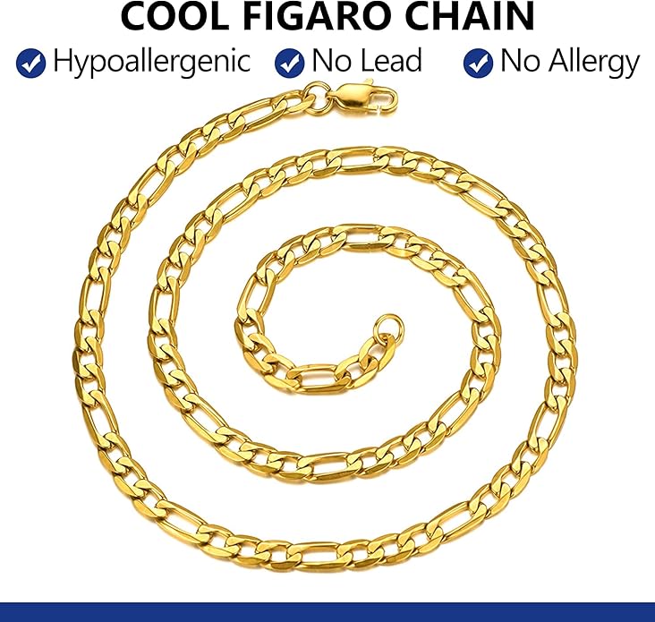PROSTEEL 316L Stainless Steel Figaro Cuban Chain Necklace for Men, Black/18K Real Gold Plated, 4/5/6/7.5/9/10/13mm, 14inch-30inch, Come with Box