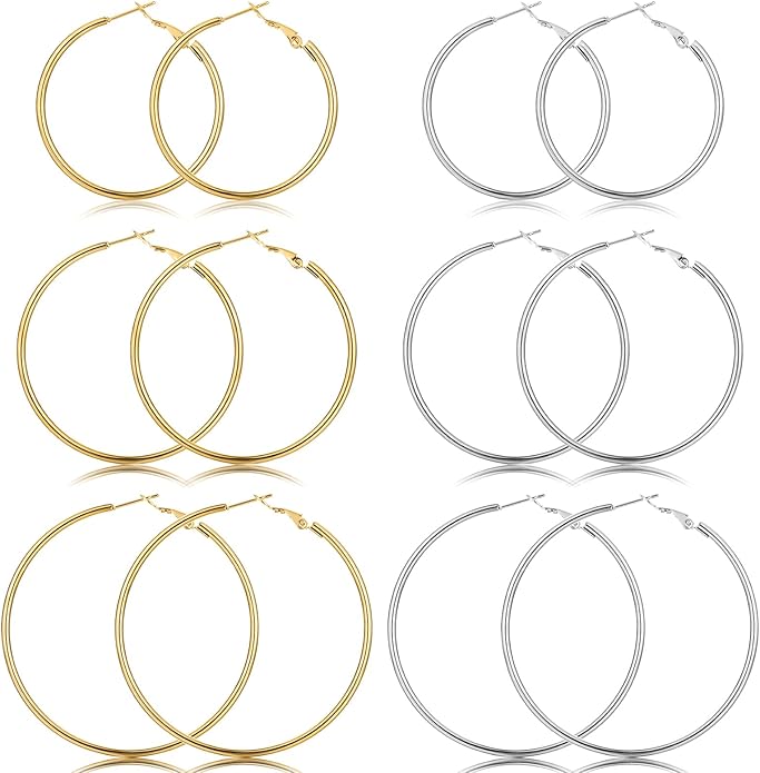 6 Pairs Gold Silver Hoop Earrings for Women, 14K Gold Plated Stainless steel Hoop Earring for Women, Lightweight Hypoallergenic Dainty Hoop Earrings Set