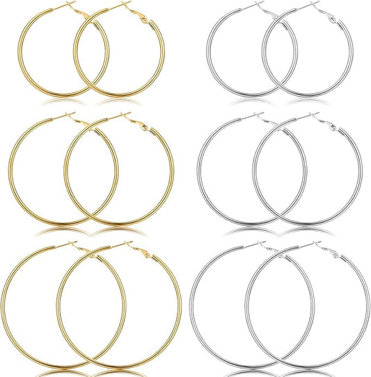 6 Pairs Gold Silver Hoop Earrings for Women, 14K Gold Plated Stainless steel Hoop Earring for Women, Lightweight Hypoallergenic Dainty Hoop Earrings Set