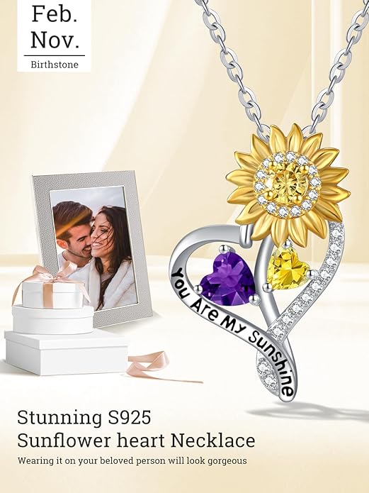 Zeuslia Double Birthstone Necklace Gifts for Wife - 925 Sterling Silver Sunflower/Rose/Crown Cross/Compass/Heart Pendant I Love You Necklace, Anniversary Birthday Gifts for Wife Girlfriend Mom Her