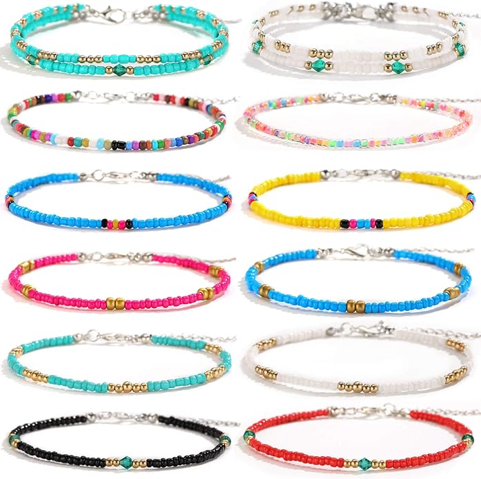 XIJIN 8Pcs Handmade Beaded Anklets for Women Boho Colorful Beads Ankle Bracelets Adjustable Foot Anklet Set