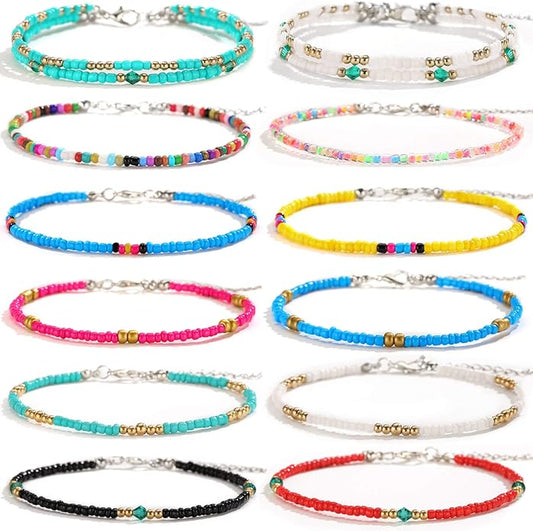 XIJIN 8Pcs Handmade Beaded Anklets for Women Boho Colorful Beads Ankle Bracelets Adjustable Foot Anklet Set