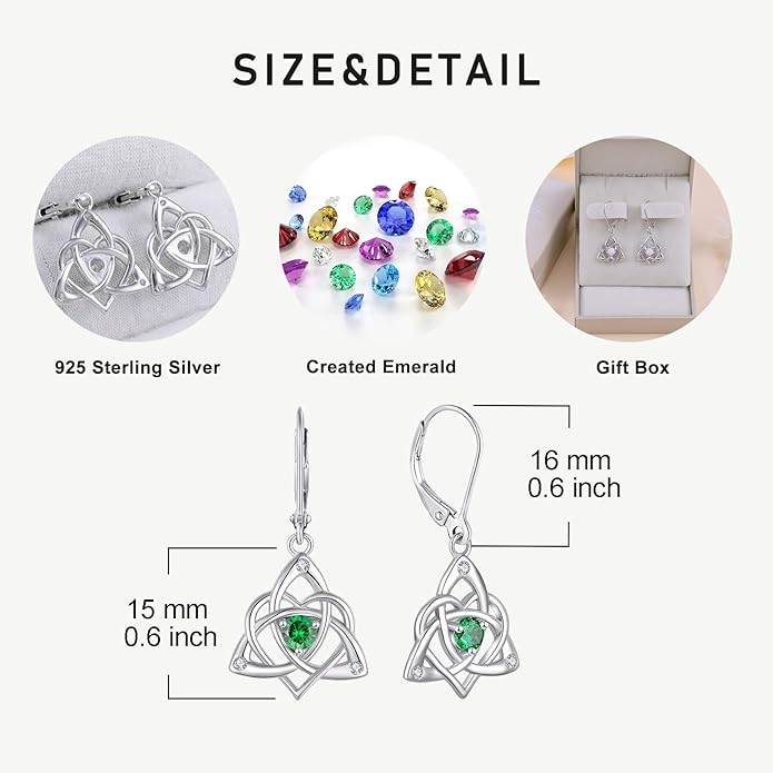 STARCHENIE Celtic Knot Necklace Earrings for Women 925 Sterling Silver Irish Love Knot Pendant May Birthstone Created Emerald Trinity Jewelry Set