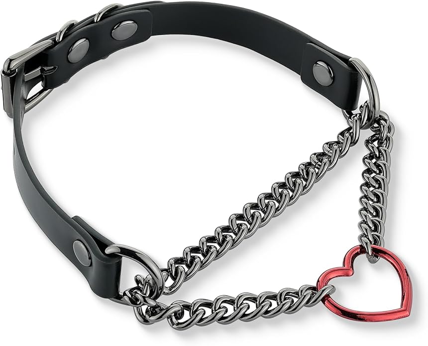 Black/Pink Leather Choker Necklace For Women, Handmade Adjustable Chain Collar with Metallic Heart Ring