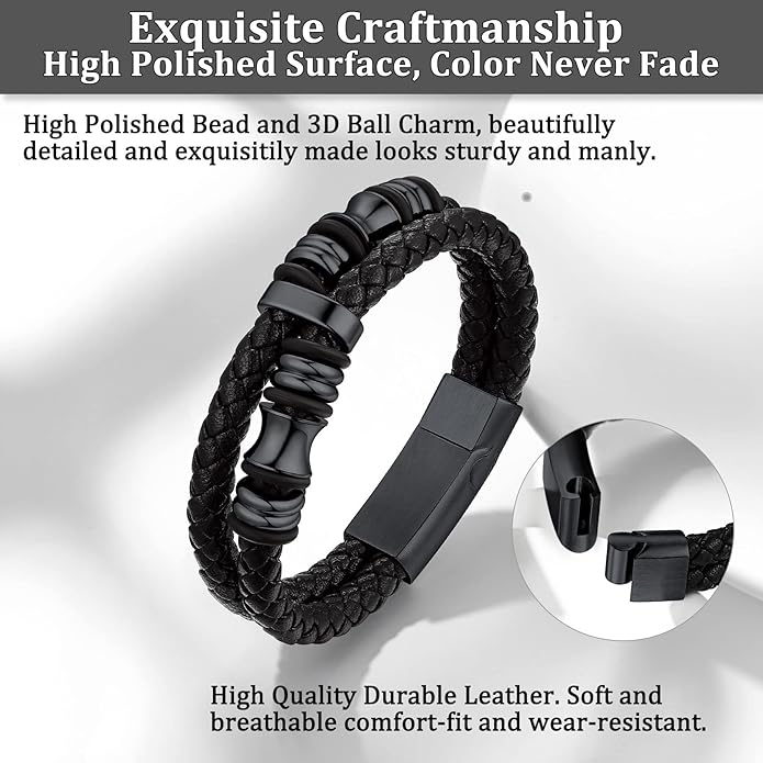 Bestyle Genuine Men Leather Bracelets Fashion Stainless Steel Celtic/Sport Ball Bead Cuff Wirstband Bracelets for Men, Size 7.5/8.3/9.1Inch