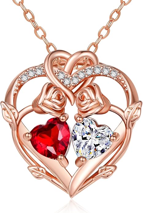 Rose Gold Necklaces for Women Double Birthstone Rose Flower Heart Pendant Necklace Jewelry Anniversary Christmas Valentine's Mother's Day Birthday Gift for Wife Mom Her Girlfriend Sister