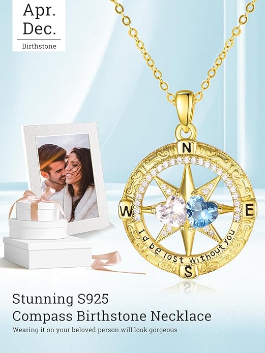 Zeuslia Double Birthstone Necklace Gifts for Wife - 925 Sterling Silver Sunflower/Rose/Crown Cross/Compass/Heart Pendant I Love You Necklace, Anniversary Birthday Gifts for Wife Girlfriend Mom Her
