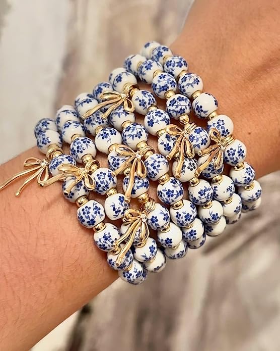 Beads Bow Charm Bracelet for Women Flower Vintage Bracelet Handmade Stretch Beaded Dainty Romantic Jewelry Gifts