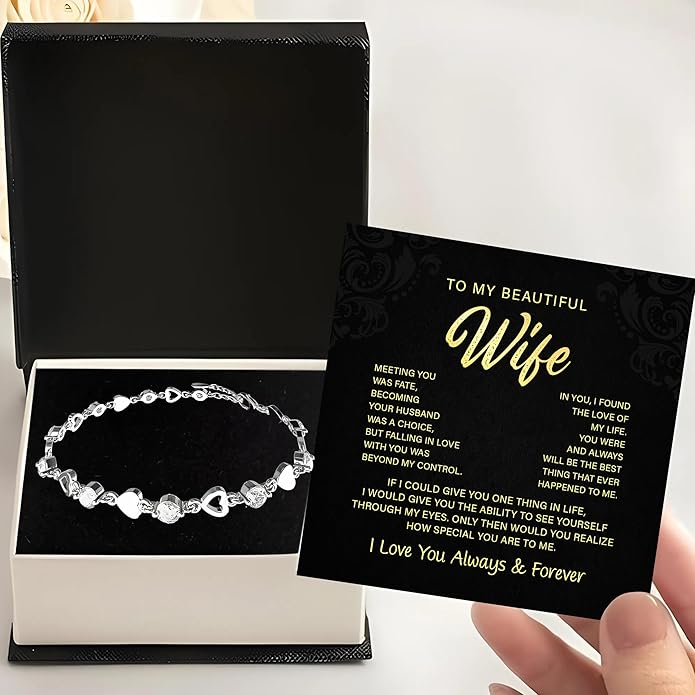 To My Wife Crystal Heart Bracelet Gift From Husband, Beautiful Wife Jewelry For Anniversary, Birthday, Christmas, Valentine’s Day, Bracelet For Her With Heartfelt Message & Elegant Box
