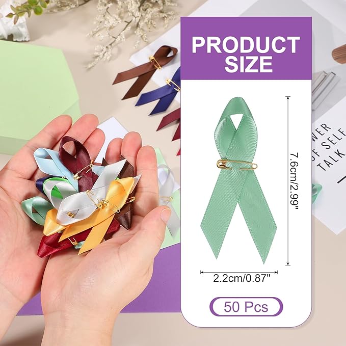 PATIKIL 50 Pcs Polyester Ribbon Satin Pins, Satin Ribbon with Safety Pins for Charity Public Social Event Party Clothing Decoration Anniversary, Celadon