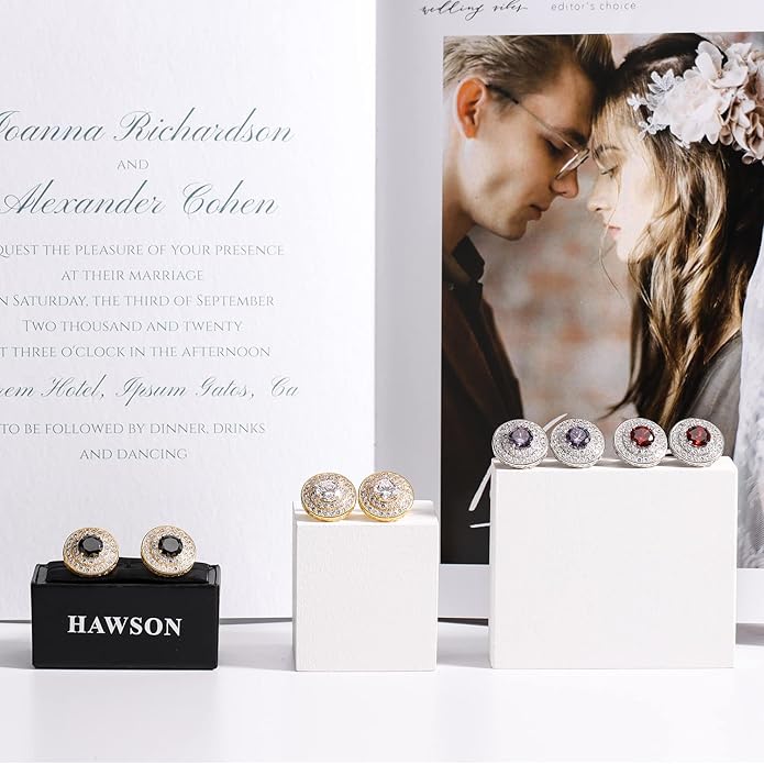 HAWSON Cufflinks for Men, Gold Diamond Crystal Cufflinks for Groom Husband Personalized Gifts, Mens Formal Wedding Business Cufflinks, Luxurious Gorgeous Cuff Links French Shirt Accessories
