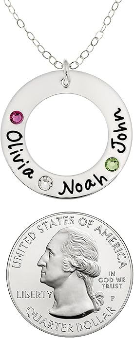 AJ's Collection Sterling Silver Personalized Washer Necklace with 3 Crystal Birthstones with a choice of Sterling Silver Chain. Gift for Her