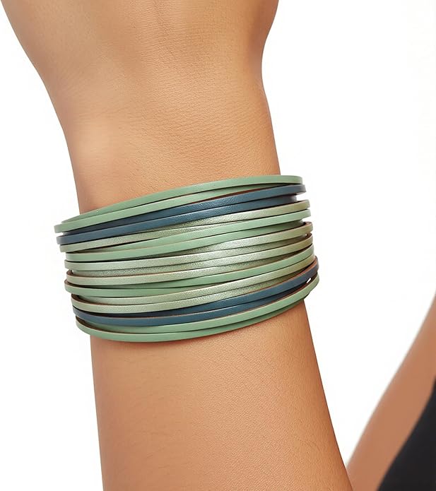 Edoneery Leather Wrap Bracelet for Women, Boho Handmade Multi-Layer Cuff with Crystal Beads Heart, Stackable Bangle Western Jewelry Gift