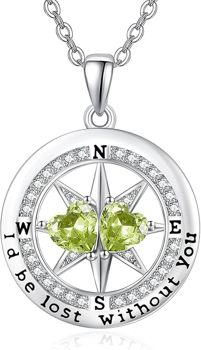 Compass Birthstones Necklace for Women, Exquisite Anniversary Birthday Gifts for Wife Her Double Birthstone Pendant jewelry ‘I'd be Lost Without You’