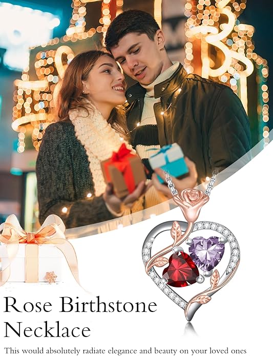 Christmas Gifts for Women Rose Heart Birthstone Pendant Necklace I Love You Forever Jewelry Valentine Mothers Day Birthday Gifts for Women Her Wife Girlfriend