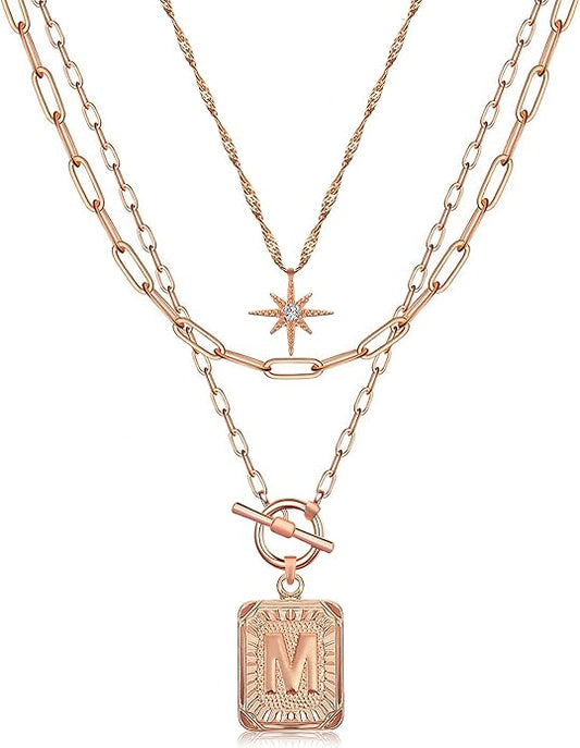 MJartoria Layered Initial Necklaces for Women Trendy, 14K Gold Plated Brass Simple Star Choker Square Letter Pendant Necklace, Paperclip Chain Necklaces Jewelry Gifts