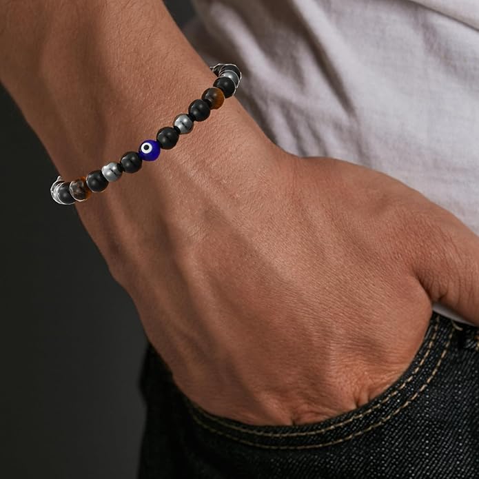 Triple Protection Bracelet for Men, Mens Black Obsidian Hematite Tiger Eye Beaded Natural Stone Evil Eye Bracelet Jewelry Gifts for Birthday Christmas