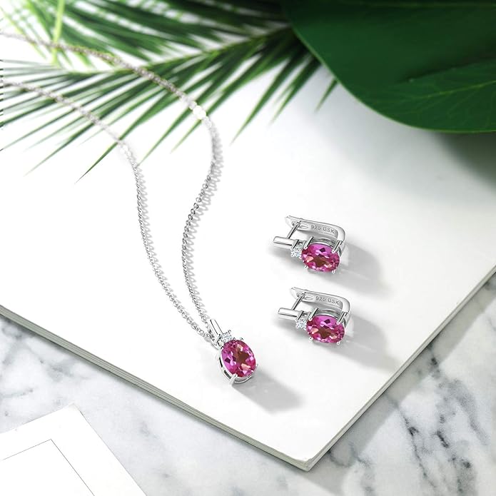Gemstone Birthstone and White Created Sapphire Pendant and Earrings Jewelry Set for Women in 925 Sterling Silver | Oval 8X6MM and Round 2.5MM | With 18 Inch Chain | Fine Jewelry for Her Mom Women Wife