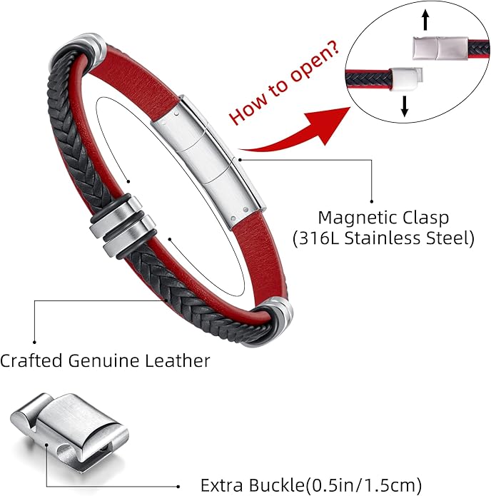 Leather Bracelet for Men with Adjustable Stainless Steel Magnetic Clasp Multi-Layer Braided Mens Leather Bracelet