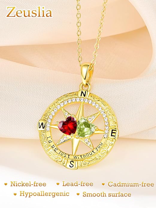 Zeuslia Double Birthstone Necklace Gifts for Wife - 925 Sterling Silver Sunflower/Rose/Crown Cross/Compass/Heart Pendant I Love You Necklace, Anniversary Birthday Gifts for Wife Girlfriend Mom Her