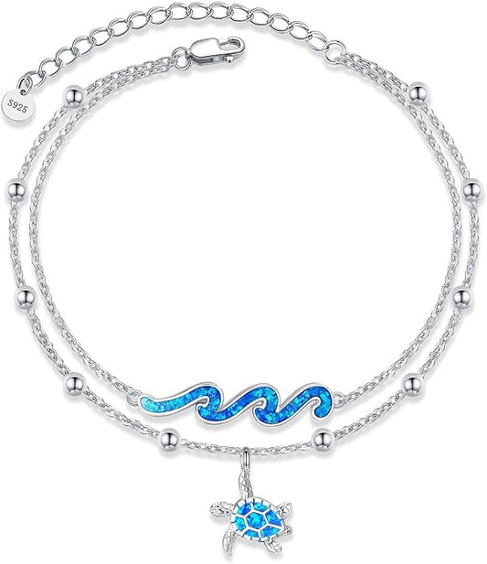 YFN Wave Anklet 925 Sterling Silver Ocean Wave Layered Ankle Bracelet Wave Beach Jewelry for Women Gifts