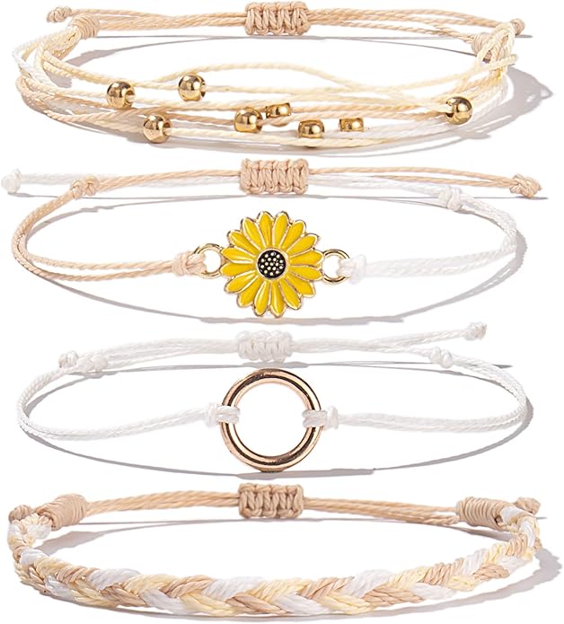FANCY SHINY Sunflower String Bracelet Boho Braided Rope Wrap Bracelets Cute Summer Beach Surfer Jewelry for Women