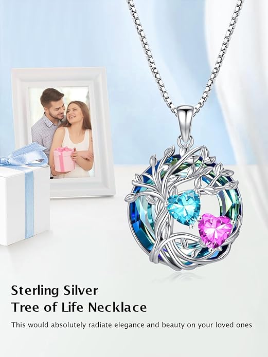 TOUPOP s925 Sterling Silver Family Celtic Tree of Life Pendant Necklaces with 2 Heart Birthstone with Blue Austrian Crystal Jewelry Birthday Anniversary Christmas Gifts for Her Wife Girlfriend Mom (18K Real White Gold Filled)