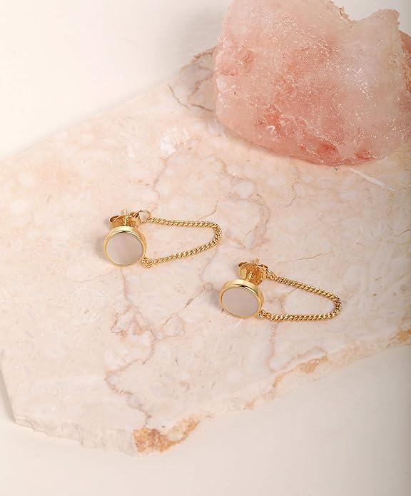 S.Leaf Gold Stud Earrings for Women 925 Sterling Silver Hypoallergenic Mother of Pearl Shell Stud Chain Earrings Friendship Jewelry Gifts for Women Her