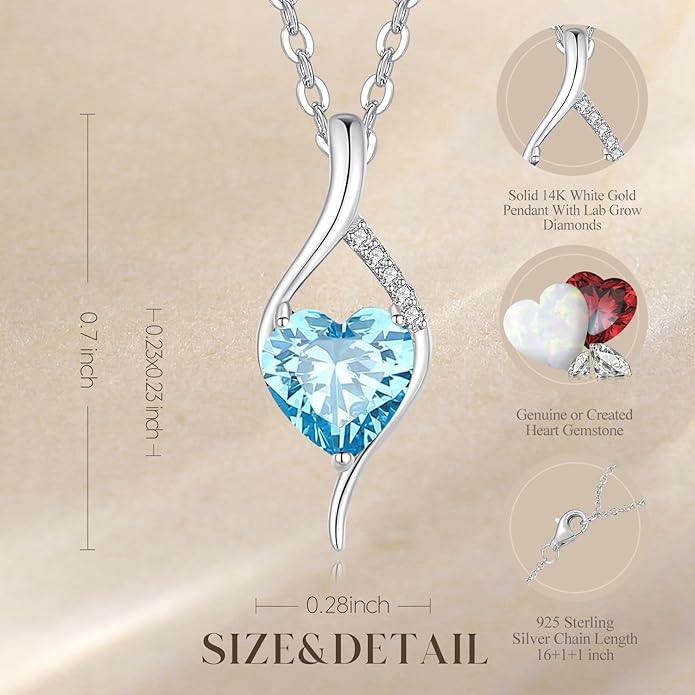 FANCIME 14K Solid White Gold Birthstone Necklace Genuine or Created 6mm Heart Gemstone Pendant with Lab Grow Diamonds Sterling Silver Chain Fine Jewelry Anniversary Birthday Gifts for Women 16" + 2"