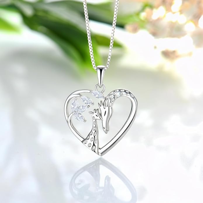 STARCHENIE Giraffe Necklace 925 Sterling Silver Heart Pendant Animal Jewelry for Women