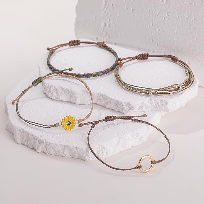 FANCY SHINY Sunflower String Bracelet Boho Braided Rope Wrap Bracelets Cute Summer Beach Surfer Jewelry for Women
