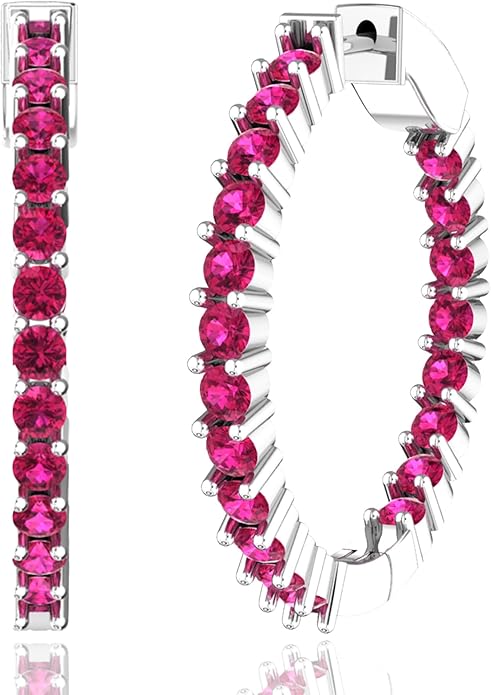 Hoop Earrings with 40 Colored Gemstones, Birthstone Earrings, 925 Sterling Silver Rhodium Plated, Push Back Closure, 1.18'