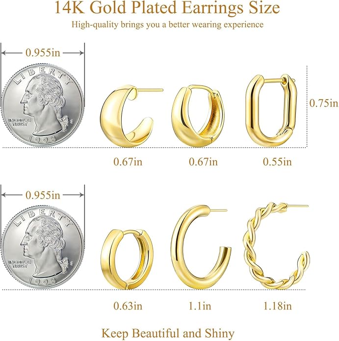 6 Pairs Gold Hoop Earrings Set for Women, Hypoallergenic 14K Gold Chunky Earrings, Lightweight Small Thin Cute Dainty Trendy Clip On Jewelry Gifts for Womens for Multiple Piercing (Gold & Silver)