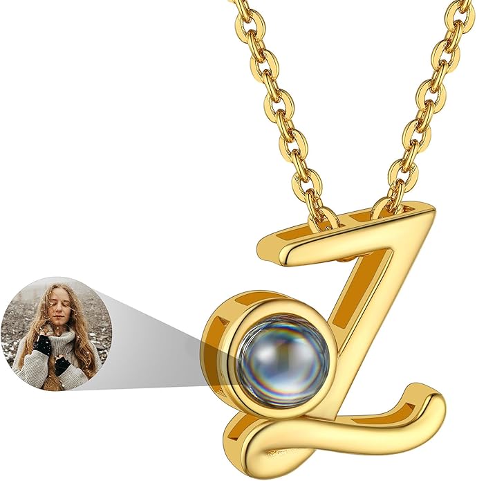 Custom4U Personalized Initial Picture Necklace for Women, Projection Necklace with Picture Inside, Gold/Silver Letter Pendant Necklace, Custom Photo Gifts for Mom Wife Birthday Valentines