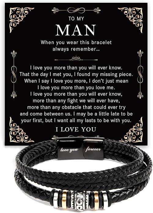 Mapileng To My Man – Braided Leather & Stainless Steel Bracelet with Heartfelt ‘Love You Forever’ - Elegant Gift Box Included, Gift from Girlfriend or Wife for Husband, Boyfriend, or Brother