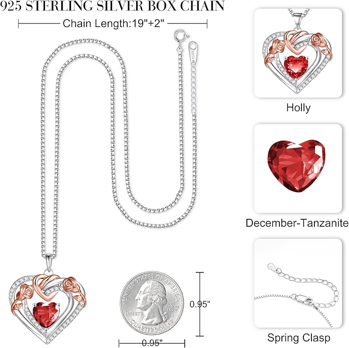 JKK Christmas Gifts Birthstone Silver Necklace for Women - S925 Sterling Silver 12 Month Birthstone Necklaces Mothers Day Birthday Christmas Gifts for Women Wife Mom