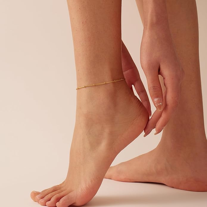 Ankle Bracelets for Women Dainty 18K Gold Plated Anklet Waterproof Round Beaded Paperclip Herringbone Pearl Chain Anklets Waterproof Beach Foot Jewelry
