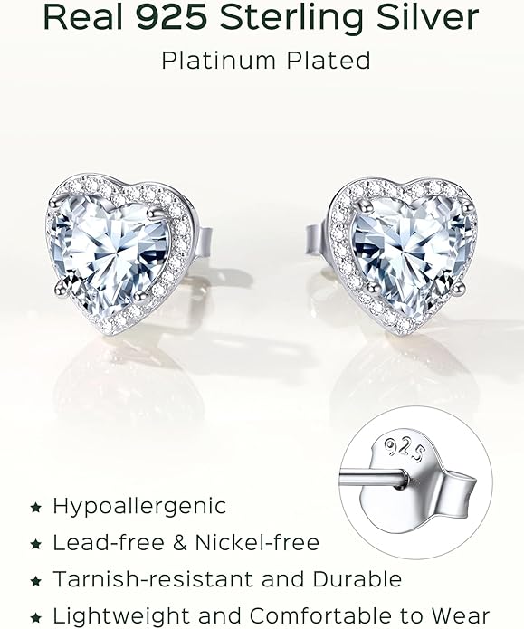 ChicSilver 925 Sterling Silver Birthstone Earrings for Women, 8MM/2 Carat Heart & Round Cubic Zirconia Stud Earrings, Hypoallergenic Jewelry, Ideal Birthday or Christmas Gifts