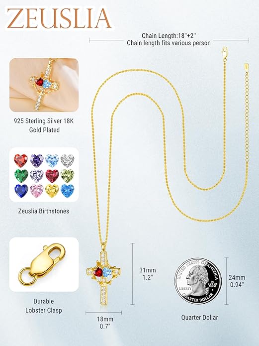 Zeuslia Double Birthstone Necklace Gifts for Wife - 925 Sterling Silver Sunflower/Rose/Crown Cross/Compass/Heart Pendant I Love You Necklace, Anniversary Birthday Gifts for Wife Girlfriend Mom Her