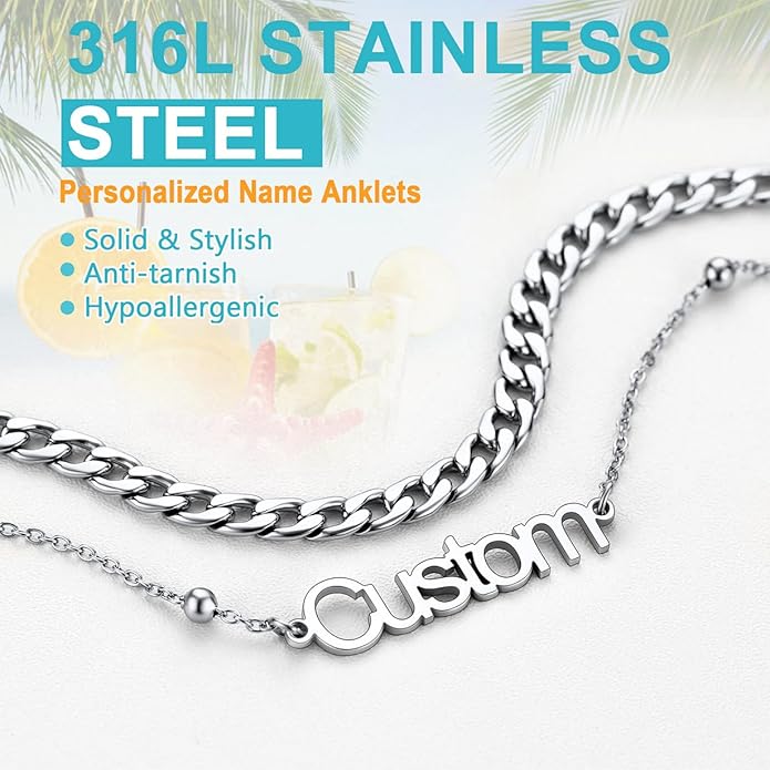 U7 Custom Layered Ankle Bracelets for Women Stainless Steel Bead/Cuban/Figaro/Rope/Wheat Chain Anklet Waterproof Anklet Jewelry for Beach Vacation