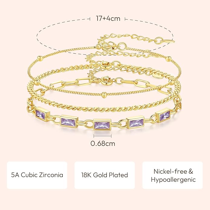 Gold Birthstone Bracelet for Women, 18K Gold Plated Layered Jewelry Bracelet Set, Women Dainty Stackable Bracelets Link Paperclip Chain Valentines Day Gift for Women
