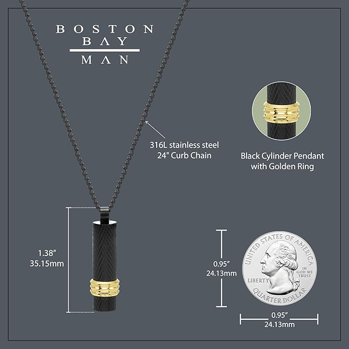 Boston Bay Men’s Black Dog Tag Necklace, 316L Stainless Steel Pendant with 24 Inch Fine Cuban Curb Link Chain