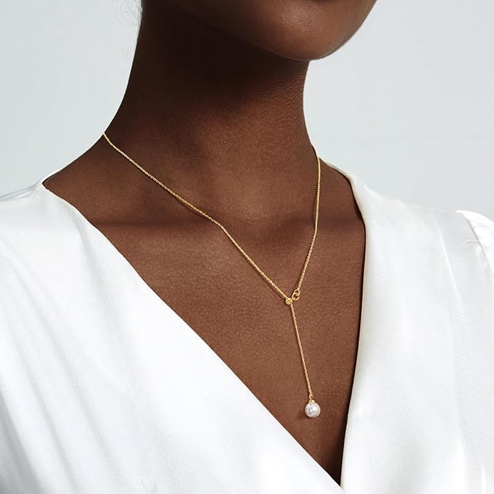 Luxval Lariat Gold Necklace for Women, Dainty Long Necklace 14k Gold Plated/Silver Y-Shaped Pendant Necklaces Trendy Beaded Chain Drop Necklaces Jewelry for Women Gifts