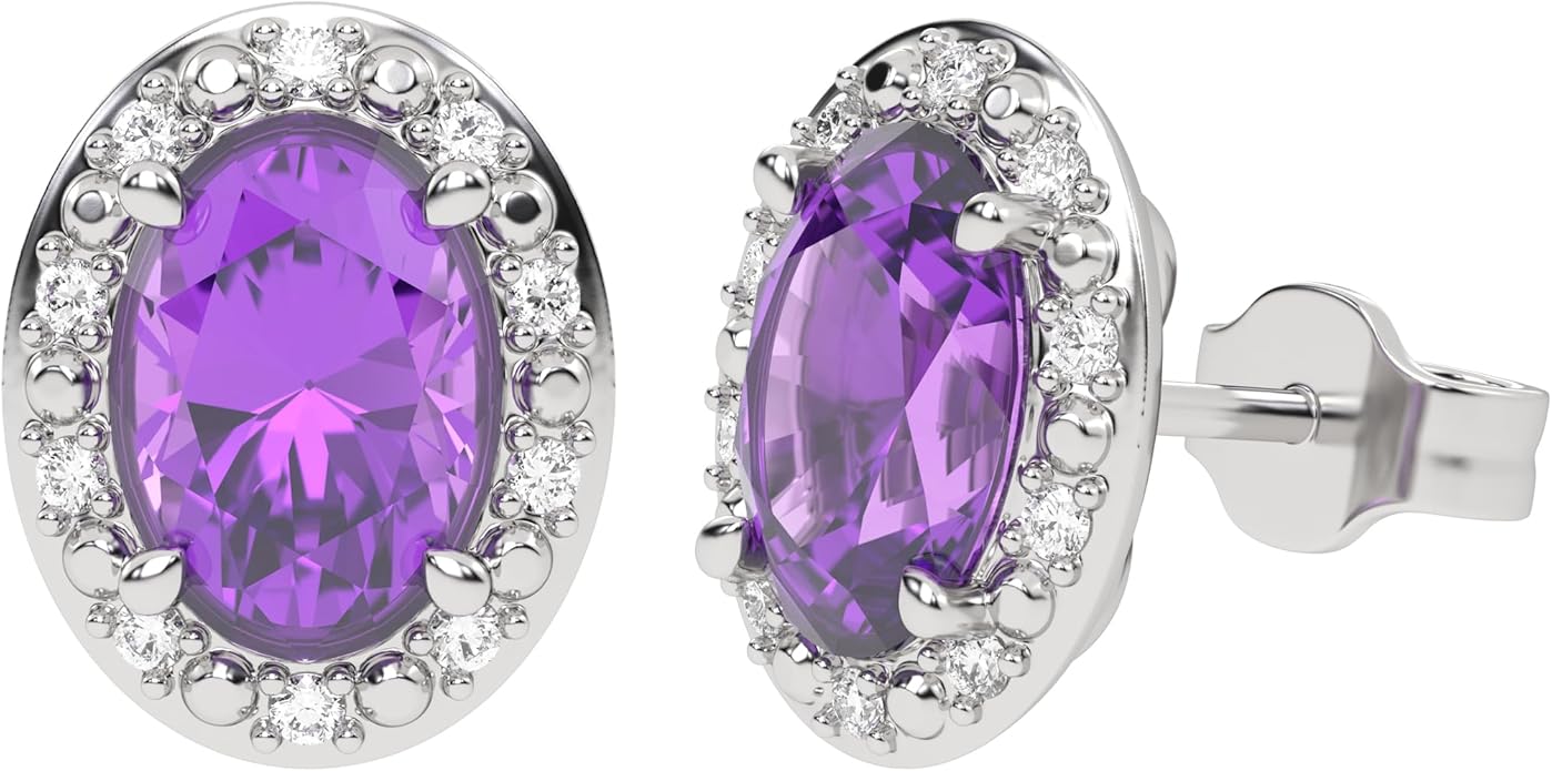 10K White Gold Oval Gemstone and Natural Round Diamonds Stud Earrings for Women - Hypoallergenic Trendy Ladies Earrings for Women - Jewelry Gifts for Wife