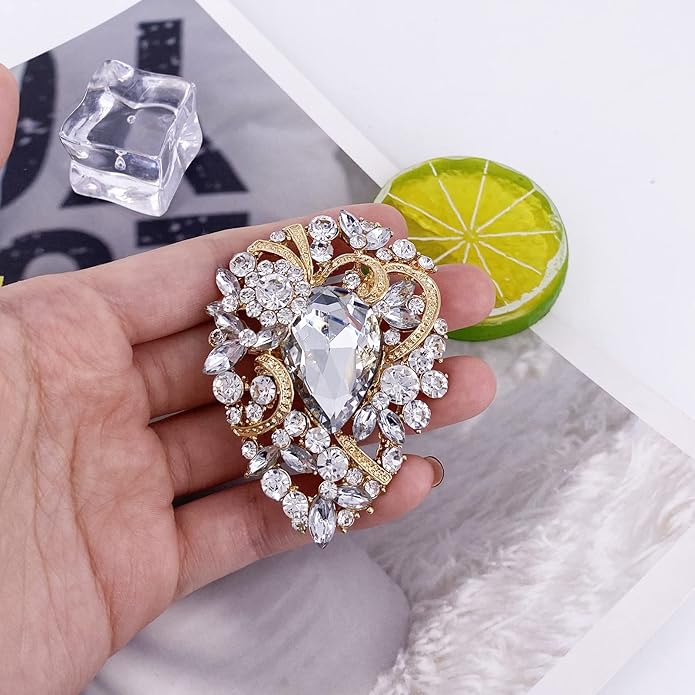 LAXPICOL Women's Vintage Austrian Crystal Elegant Flower Teardrop Brooch Gold Tone