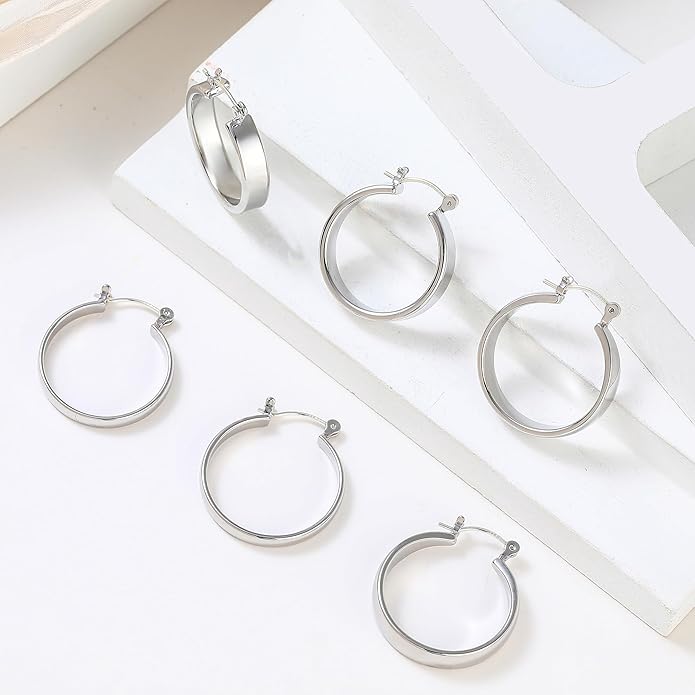 WGOUD 3 Pairs 925 Sterling Silver Post Hoop Earrings Hypoallergenic 14K Gold Plated Lightweight Hoop Earrings for Women Medium Silver Hoops Earring for Women 24/26mm