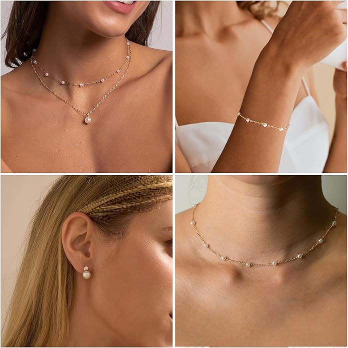 DIBOLA Gold Jewelry Set for Women, Dainty Layered 14K Gold/Silver Pearl Choker Necklaces and Earring Set Pearl Earrings Bracelets Wedding Bride Jewelry